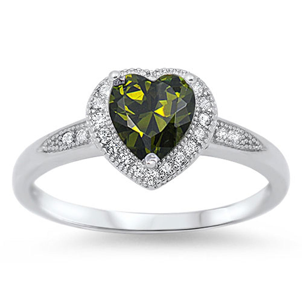 Girl Heart Peridot CZ Halo Promise Ring New .925 Sterling Silver Band Sizes 4-10