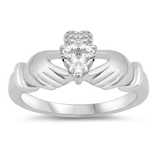 White CZ Polished Simple Claddagh Ring New .925 Sterling Silver Band Sizes 5-10