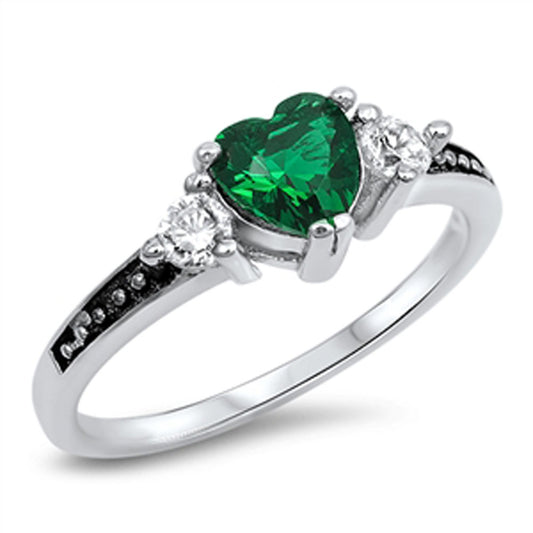 Women's Heart Emerald CZ Polished Ring New .925 Sterling Silver Band Sizes 3-13