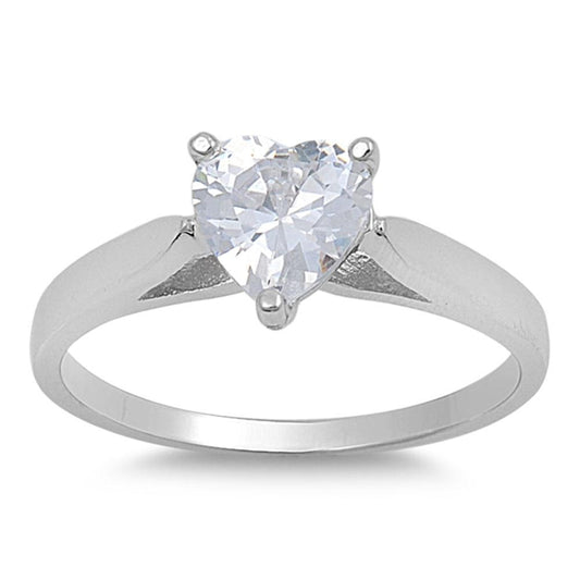 White CZ Polished Heart Solitaire Love Ring .925 Sterling Silver Band Sizes 5-10