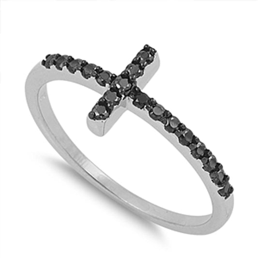 Women's Christ Black CZ Cute Cross Ring New .925 Sterling Silver Band Sizes 4-12
