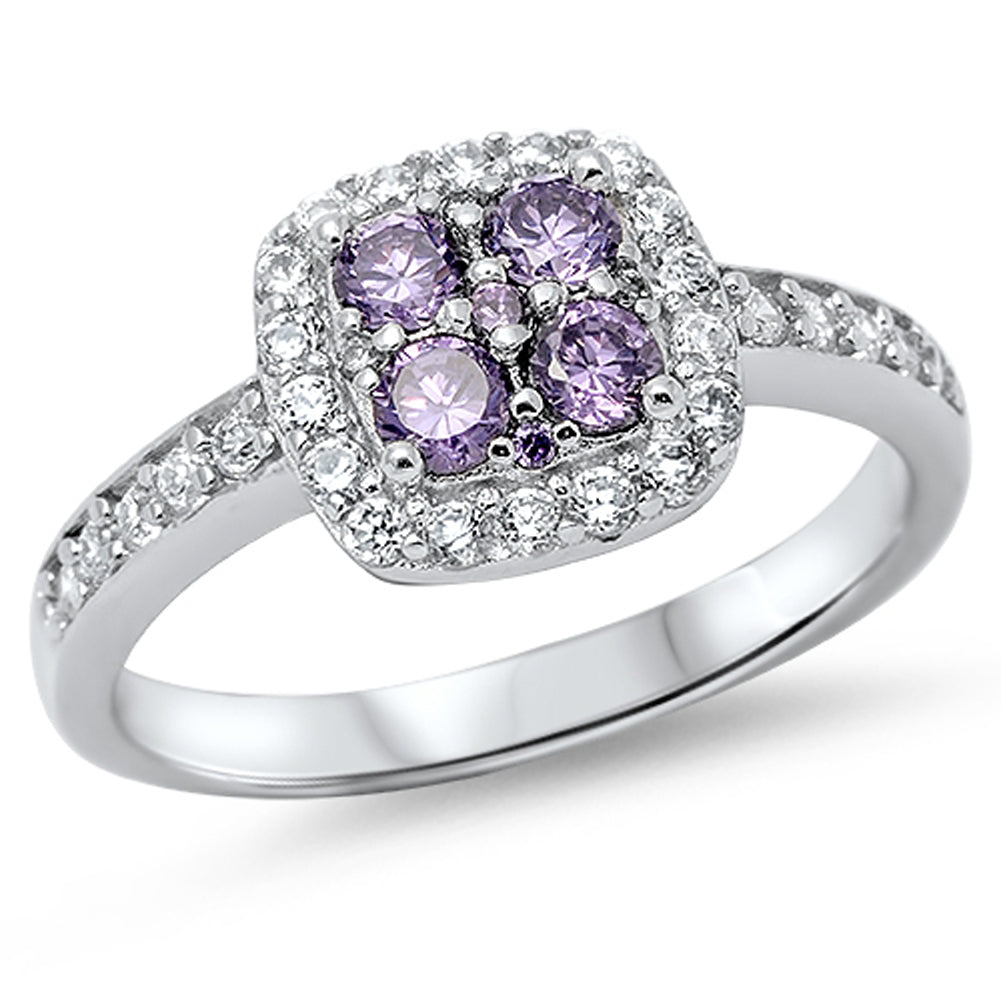 Amethyst CZ Halo Cluster Promise Ring New .925 Sterling Silver Band Sizes 5-10