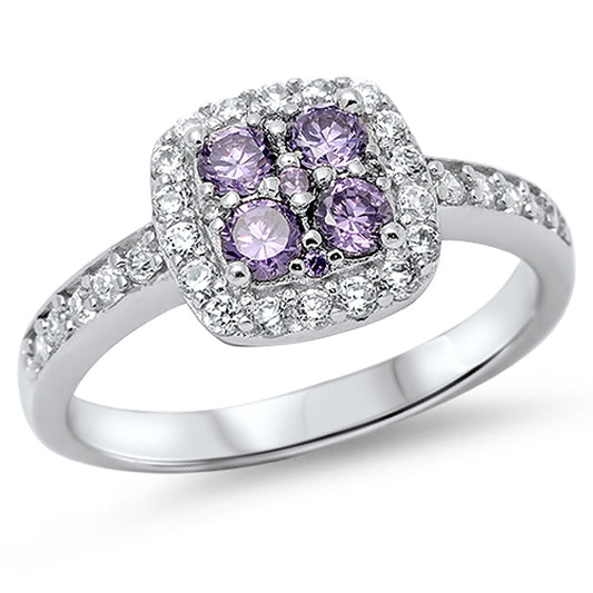 Amethyst CZ Halo Cluster Promise Ring New .925 Sterling Silver Band Sizes 5-10