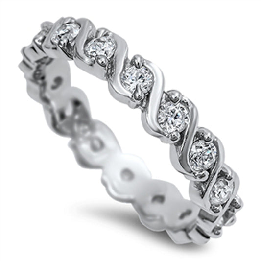 White CZ Eternity Polished Swirl Stackable Ring Sterling Silver Band Sizes 5-10