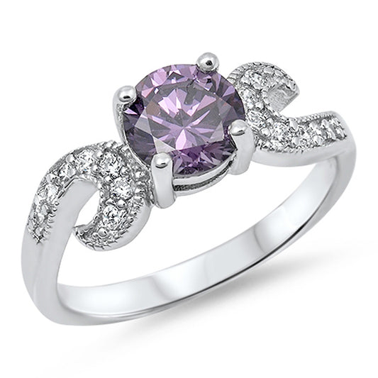 Amethyst CZ Swirl Solitaire Polished Ring .925 Sterling Silver Band Sizes 4-12
