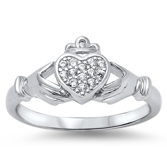 White CZ Polished Claddagh Heart Ring New .925 Sterling Silver Band Sizes 5-10