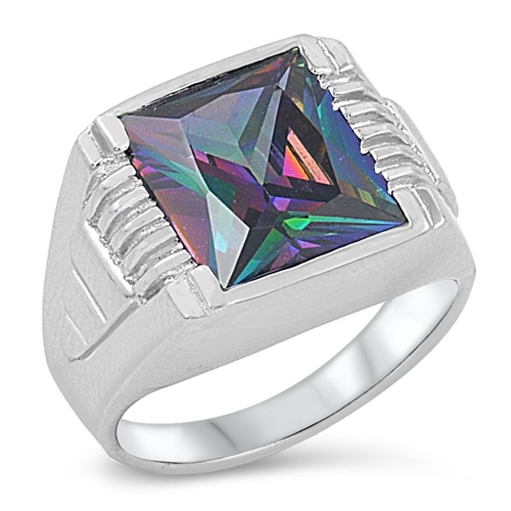 Men's Square Cut Rainbow Topaz CZ Cute Ring .925 Sterling Silver Band Sizes 9-13