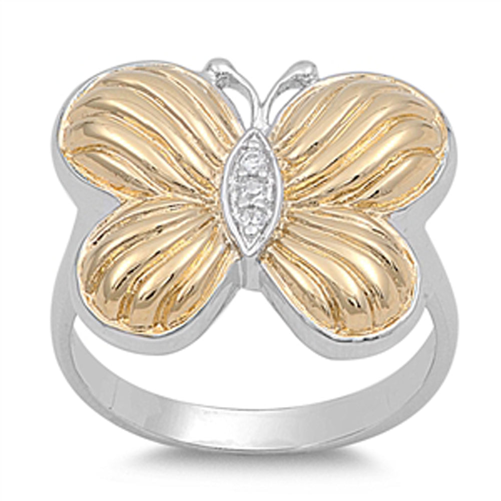 Gold Tone Butterfly White CZ Fashion Ring .925 Sterling Silver Band Sizes 4-11