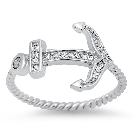 Women's Anchor Ring White CZ .925 Sterling Silver Fashion Rope Band Sizes 3-13