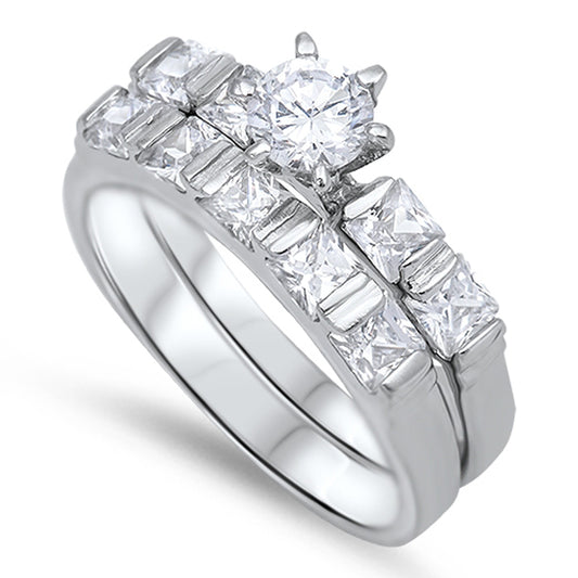 White CZ Polished Elegant Wedding Ring Set .925 Sterling Silver Band Sizes 5-10