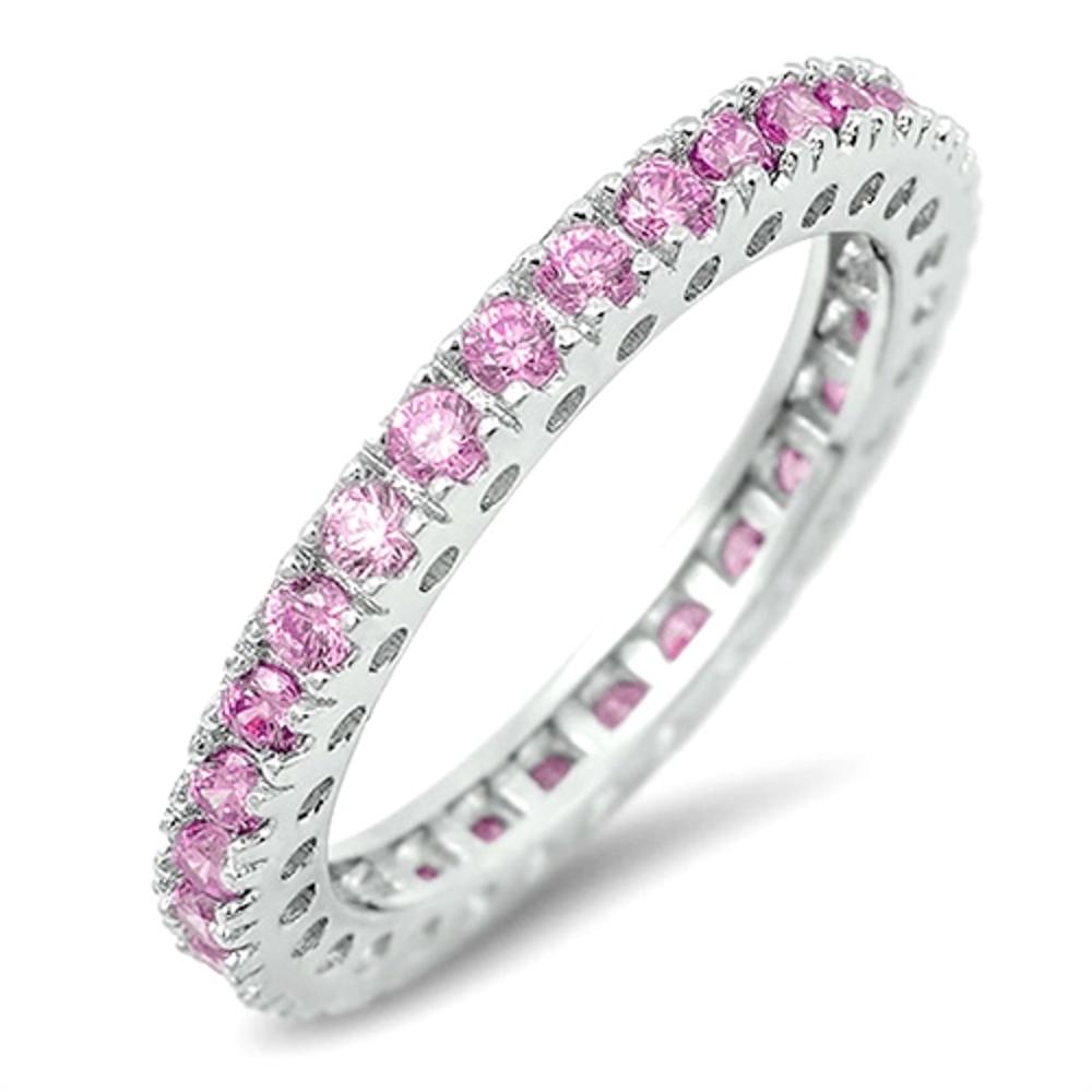Eternity Stackable Pink CZ Cute Ring New .925 Sterling Silver Band Sizes 4-12