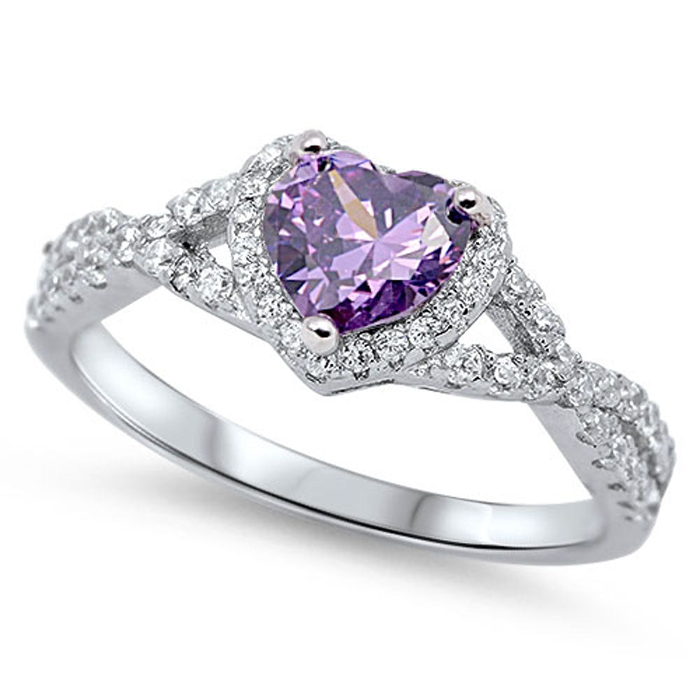 Heart Purple Amethyst CZ Halo Infinity Knot Sterling Silver Ring Sizes 4-13