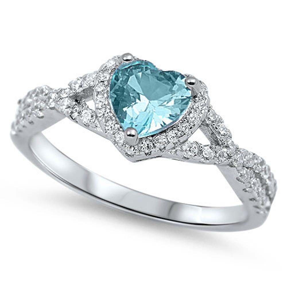 Heart Blue Aquamarine CZ Halo Ring .925 Sterling Silver Infinity Knot Sizes 4-13