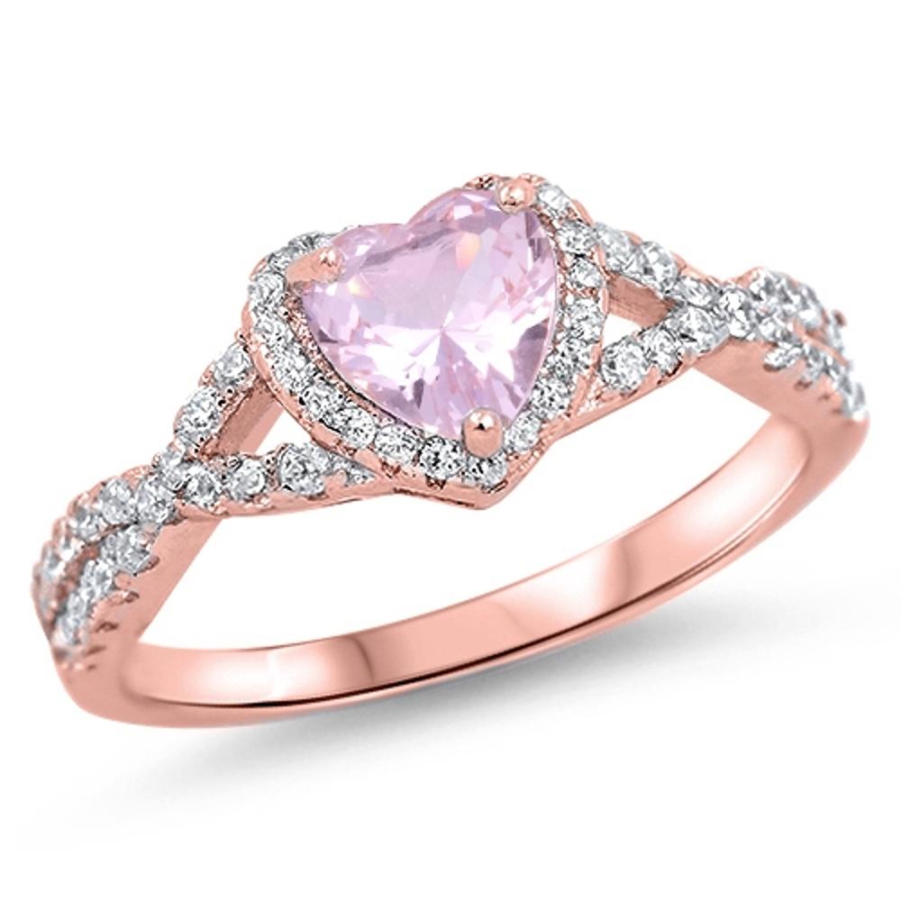 Elegant Rose Gold-Tone Studded Promise Heart Sterling Silver Ring Sizes 4-12