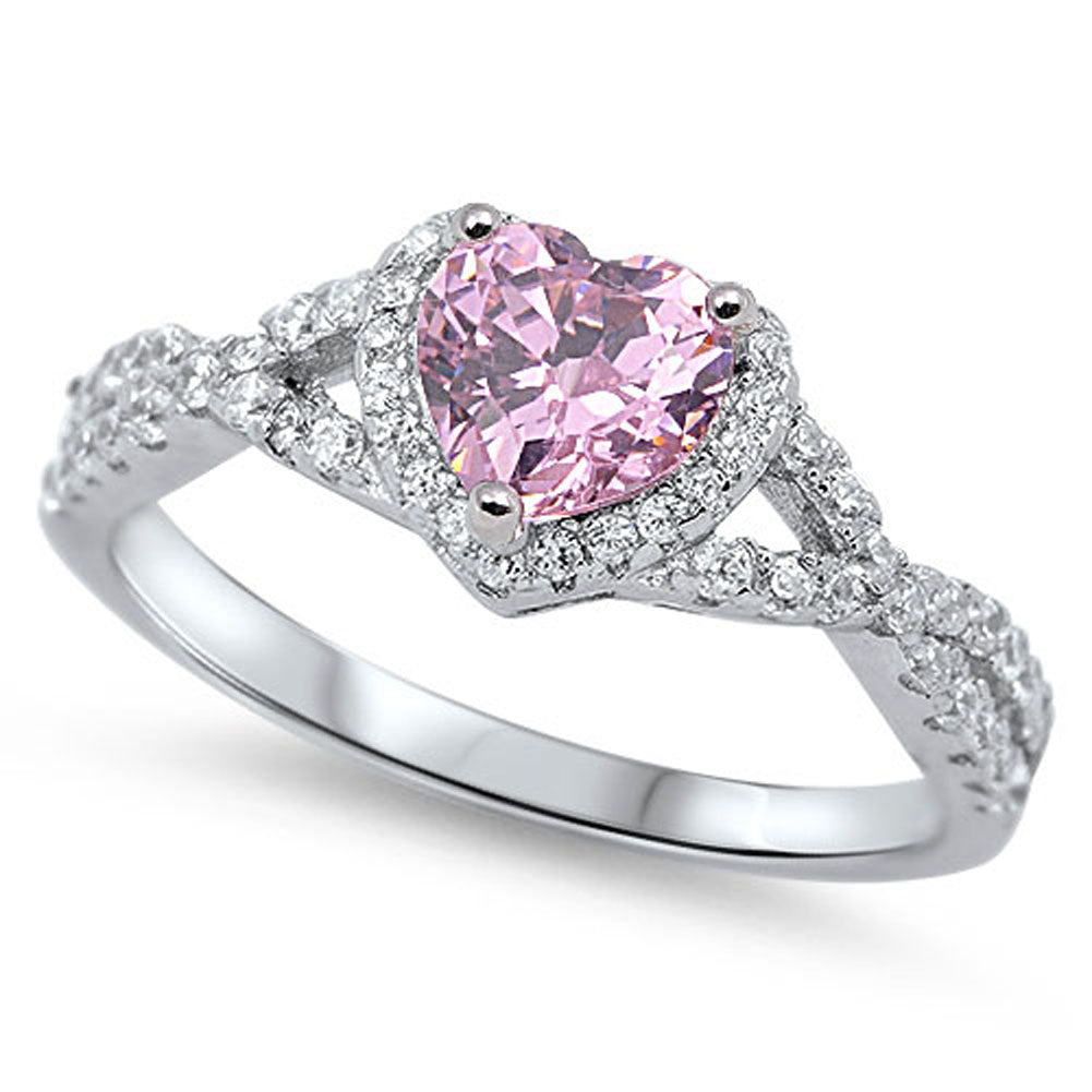 Heart Pink CZ Halo Promise Ring .925 Sterling Silver Infinity Knot Sizes 4-13