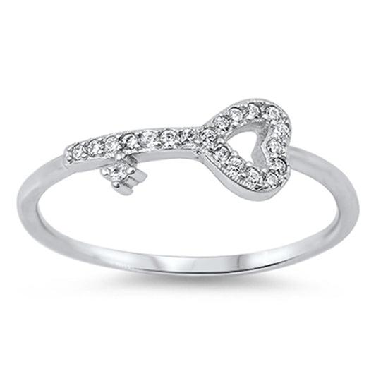 Women's Key Heart Love Clear CZ Promise Ring New .925 Sterling Silver Sizes 4-12