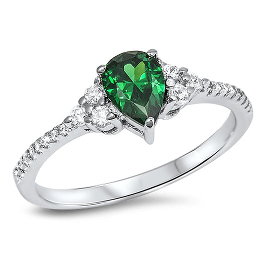 Women's Pear Shaped Emerald CZ Polished Ring New .925 Sterling Silver Sizes 5-10