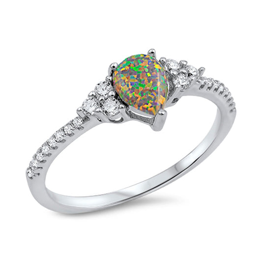 Teardrop Mystic Lab Opal Micro Pave Ring Dainty Sterling Silver Band Sizes 4-10