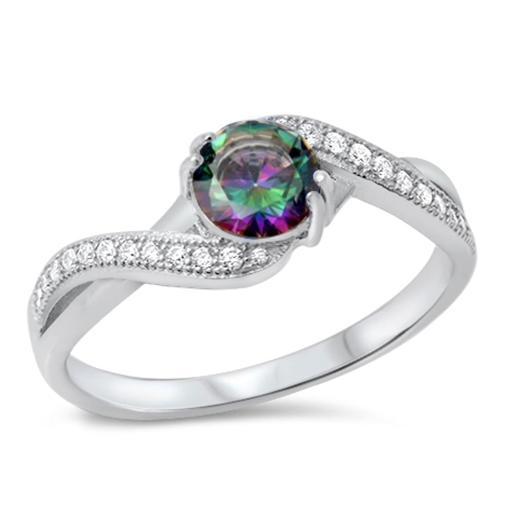 Rainbow Topaz CZ Elegant Wave Promise Ring .925 Sterling Silver Band Sizes 4-10