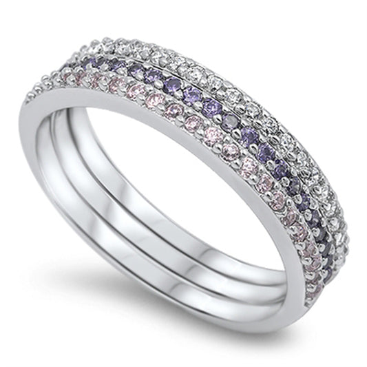 Amethyst CZ Polished Eternity Ring Set New .925 Sterling Silver Band Sizes 4-10