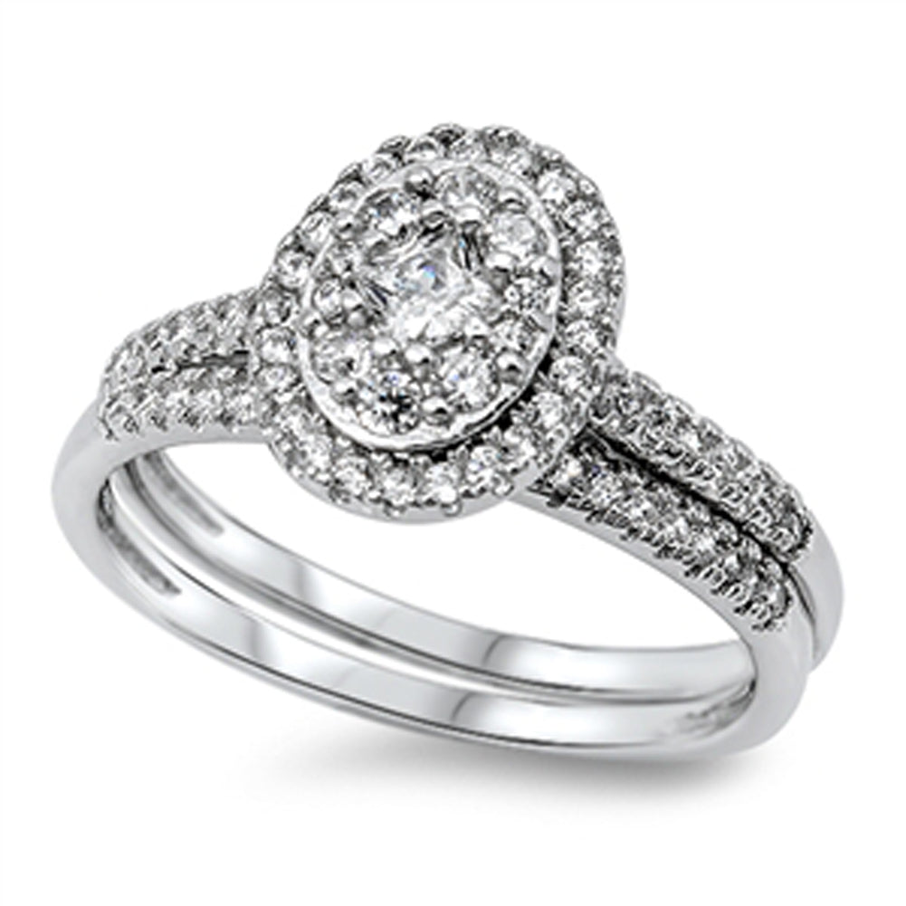 White CZ Polished Solitaire Halo Ring Set .925 Sterling Silver Band Sizes 5-10