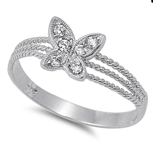 Girl's Butterfly Clear CZ Cute Ring New 925 Sterling Silver Rope Band Sizes 4-10