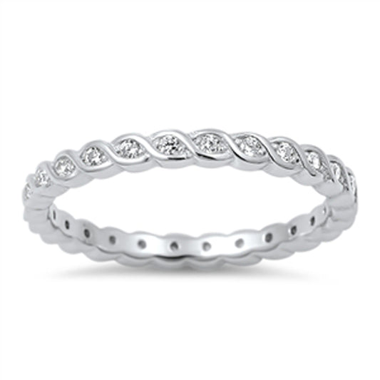 Wave Eternity Stackable White CZ Love Ring .925 Sterling Silver Band Sizes 4-10