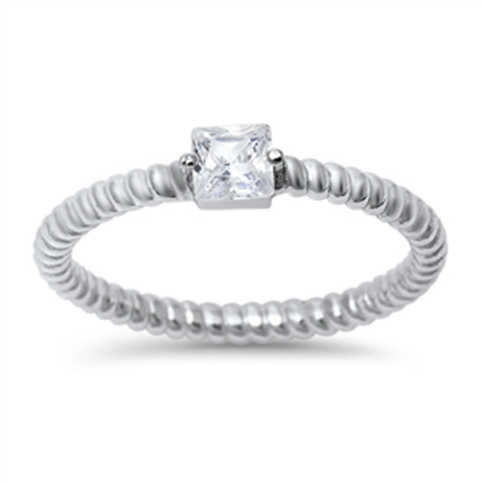 White CZ Polished Rope Square Solitaire Ring 925 Sterling Silver Band Sizes 5-10