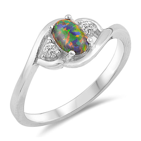 White CZ Oval Mystic Lab Opal Twist Ring .925 Sterling Silver Band Sizes 4-10