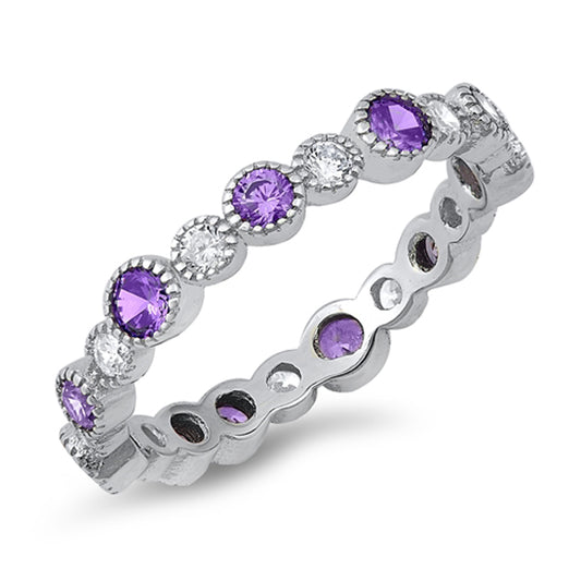 Amethyst CZ Polished Eternity Ring New .925 Sterling Silver Band Sizes 5-10