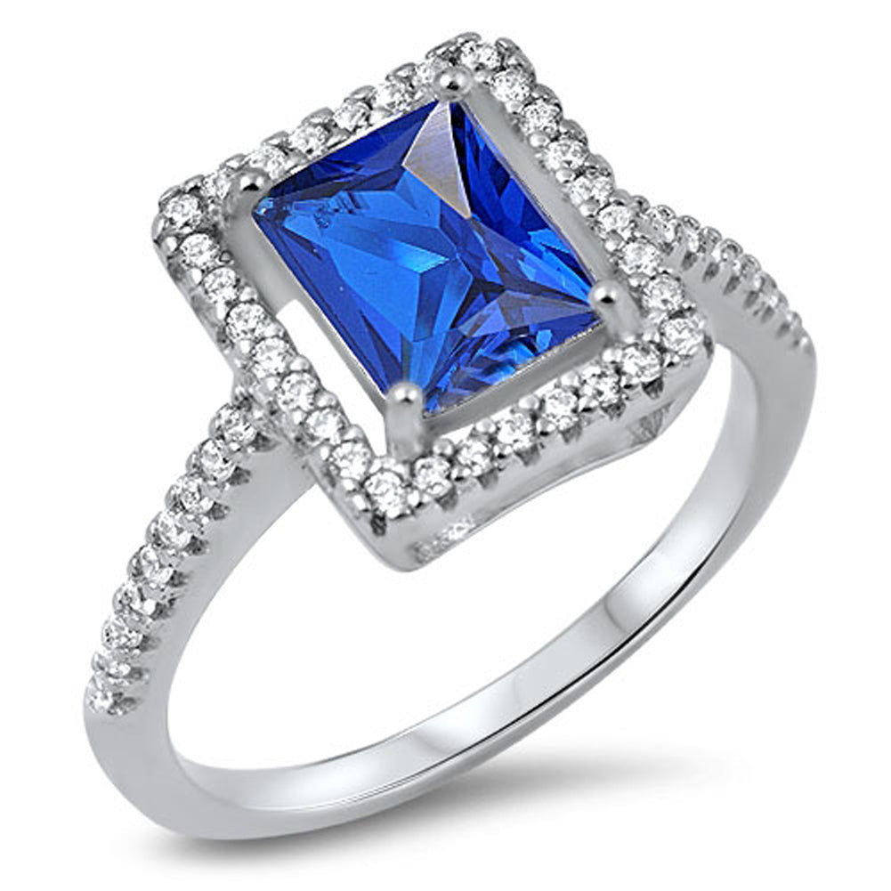 Rectangle Blue Sapphire CZ Halo Ring New .925 Sterling Silver Band Sizes 5-10