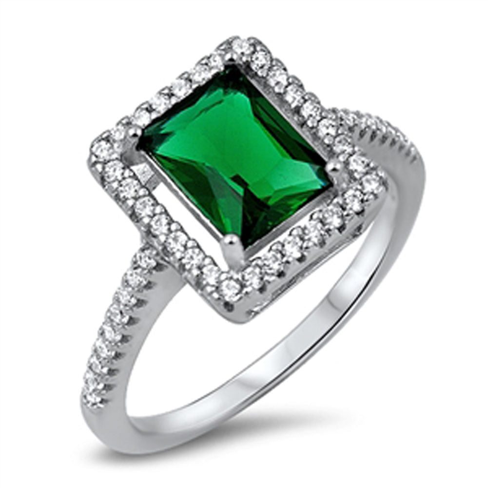 Solitaire Halo Emerald CZ Wedding Ring New .925 Sterling Silver Band Sizes 5-10