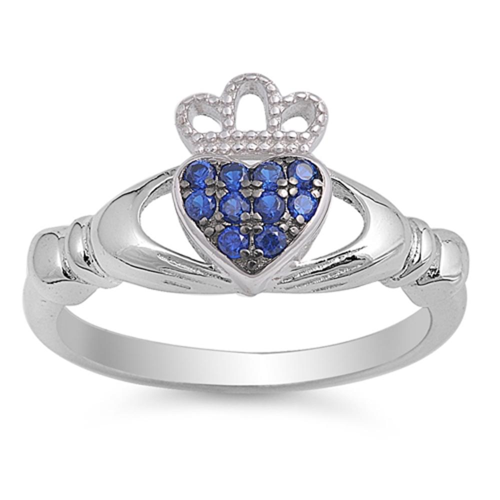 Claddagh Blue Sapphire CZ Heart Cluster Ring .925 Sterling Silver Sizes 4-10