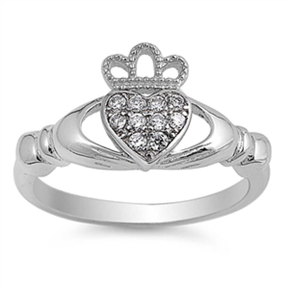 Claddagh Cluster Clear CZ Friendship Heart Ring .925 Sterling Silver Sizes 4-10