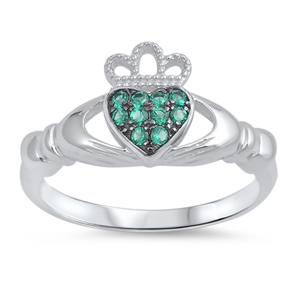 Emerald CZ Claddagh Heart Friendship Ring .925 Sterling Silver Band Sizes 4-10