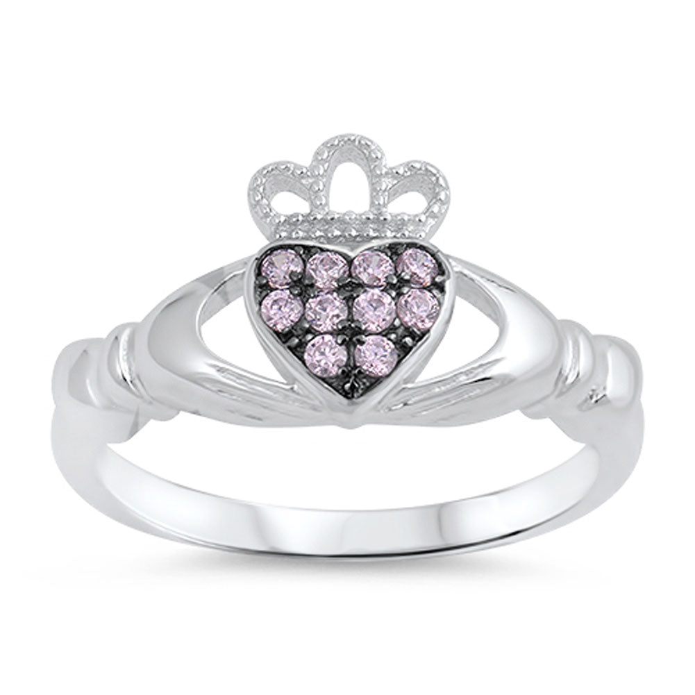 Claddagh Pink CZ Heart Cluster Promise Ring .925 Sterling Silver Band Sizes 4-10