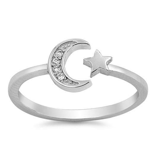 White CZ Moon Star Open Ring New .925 Sterling Silver Band Sizes 4-13