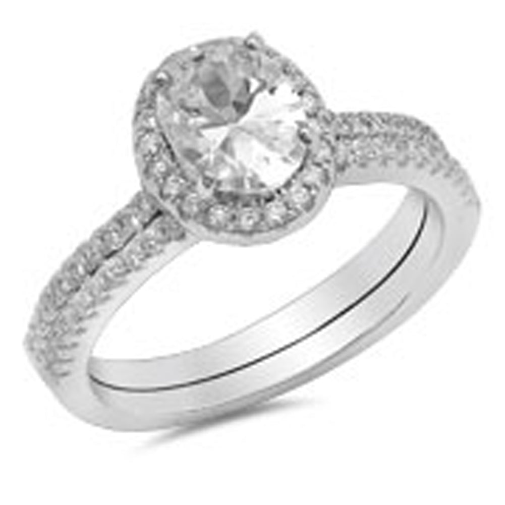 Oval White CZ Unique Halo Wedding Ring Set .925 Sterling Silver Band Sizes 5-10