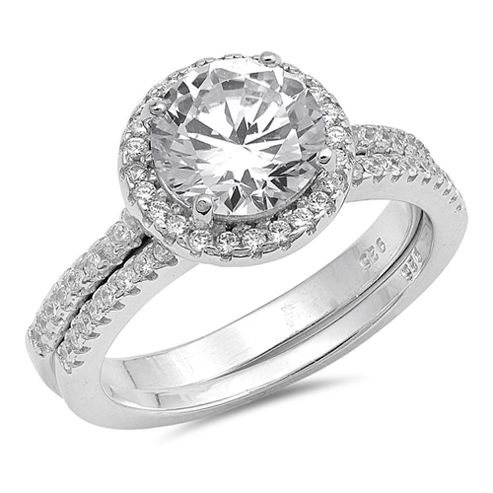 Wedding Set White CZ Round Halo Ring New .925 Sterling Silver Band Sizes 5-10