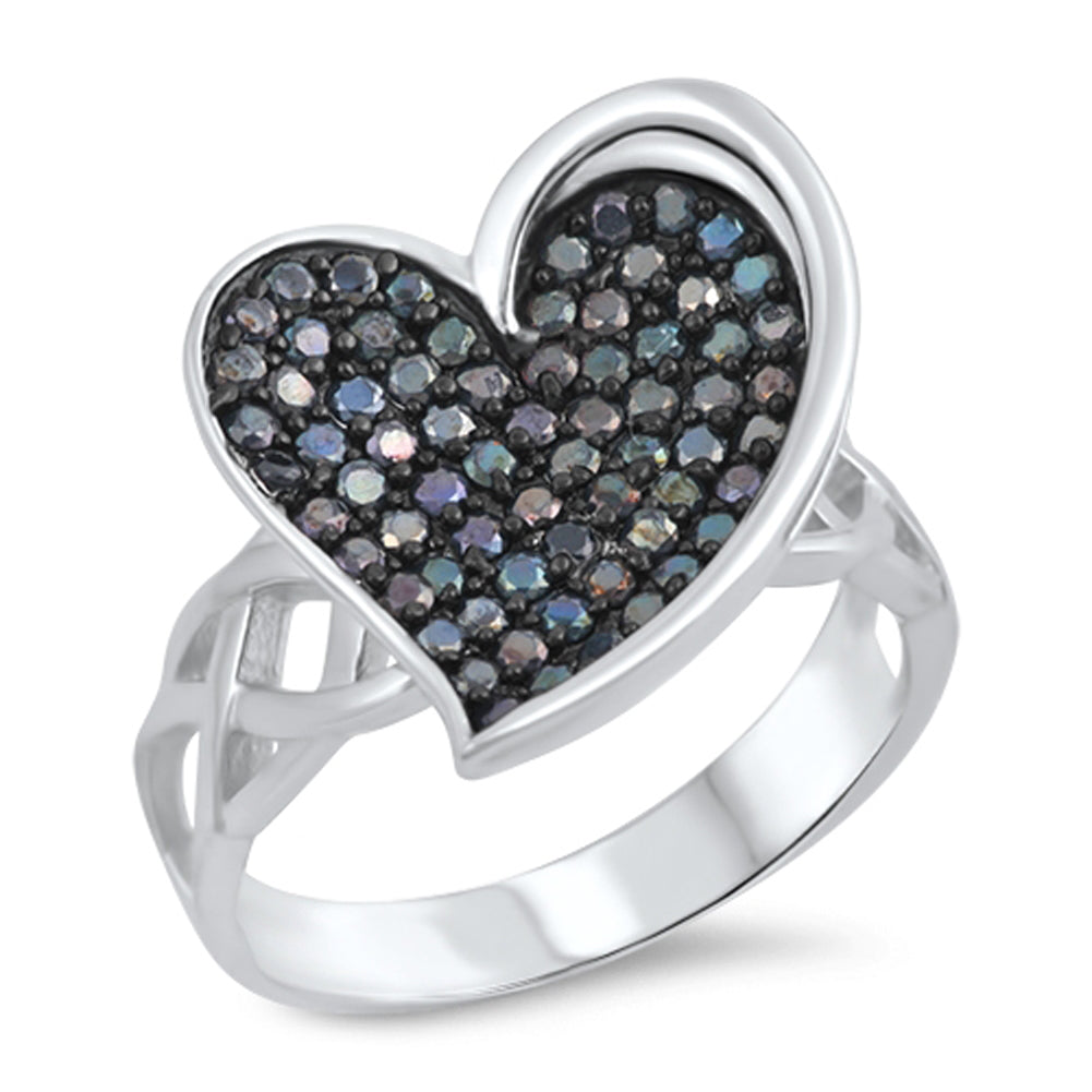 Black CZ Micro Pave Heart Ring .925 Sterling Silver Celtic Knot Band Sizes 4-10