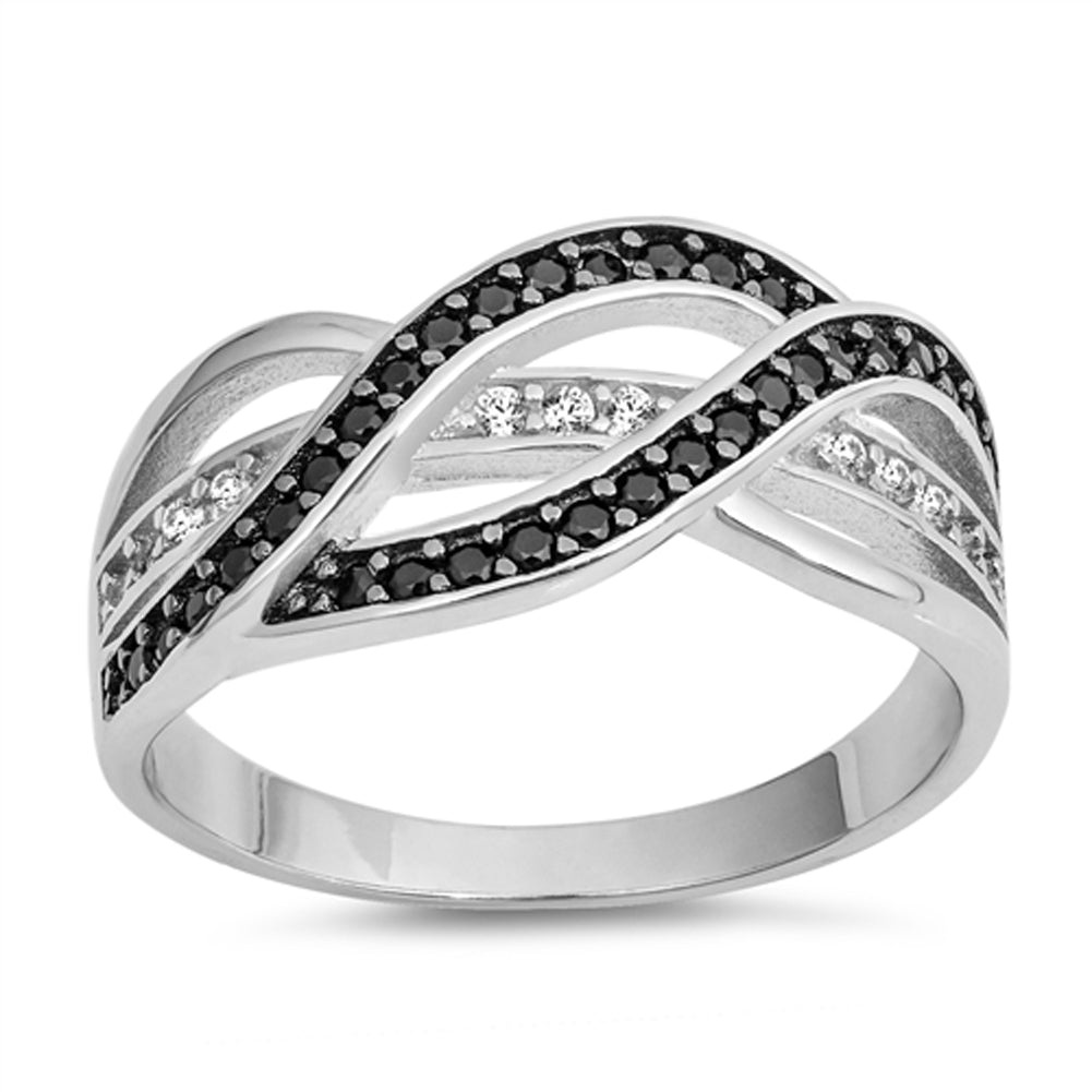 Black CZ Woven Interlocking Bar Knot Ring .925 Sterling Silver Band Sizes 4-12
