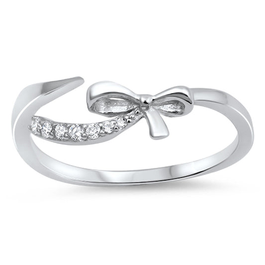 White CZ Bow Ribbon Knot Present Gift Ring .925 Sterling Silver Band Sizes 4-10
