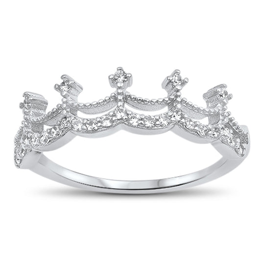 White CZ Crown Princess Tiara Wedding Ring .925 Sterling Silver Band Sizes 4-10
