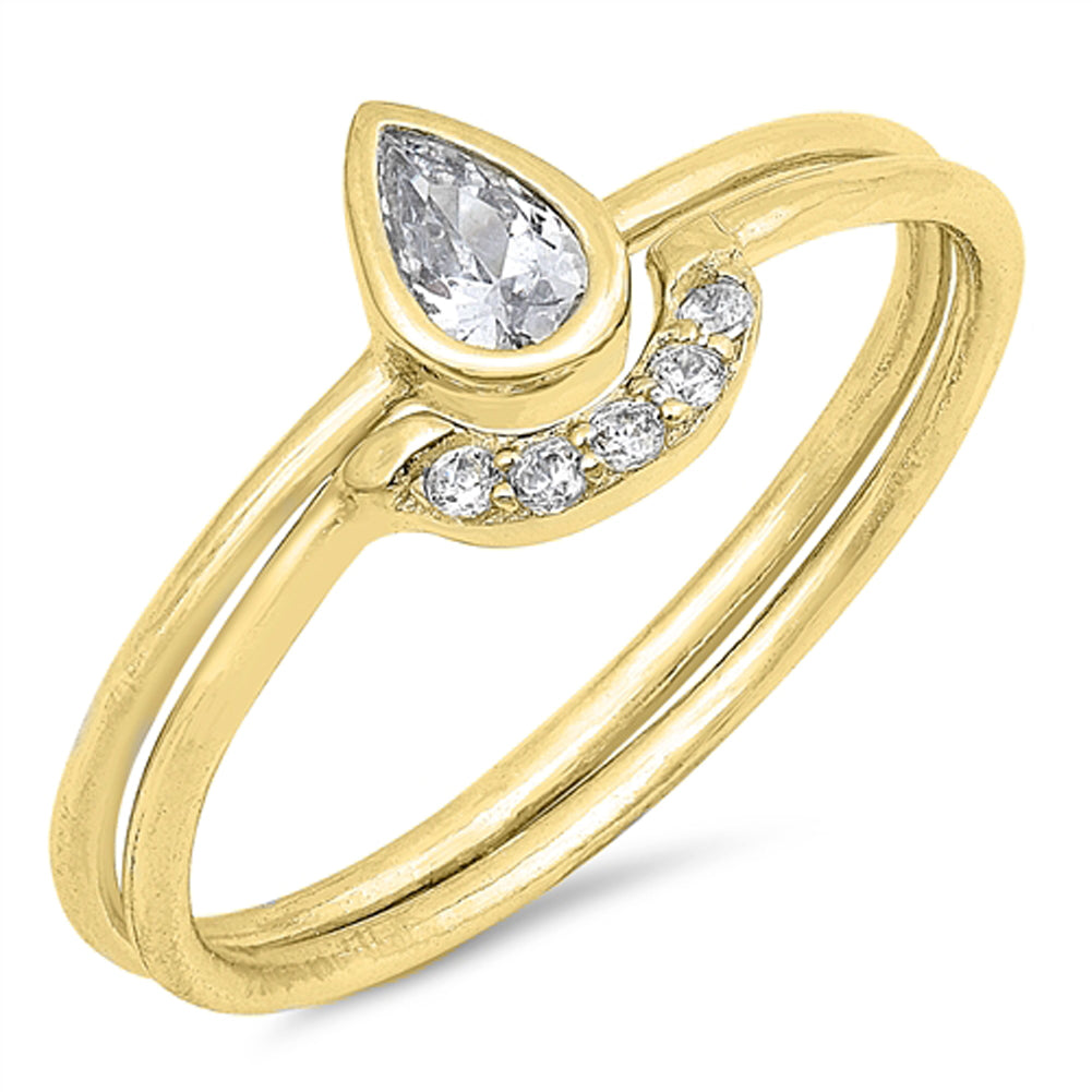 Gold-Tone Solitaire Teardrop White CZ Ring .925 Sterling Silver Band Sizes 4-10