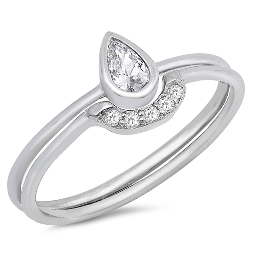 Solitaire Teardrop White CZ Cute Ring Set .925 Sterling Silver Band Sizes 4-10