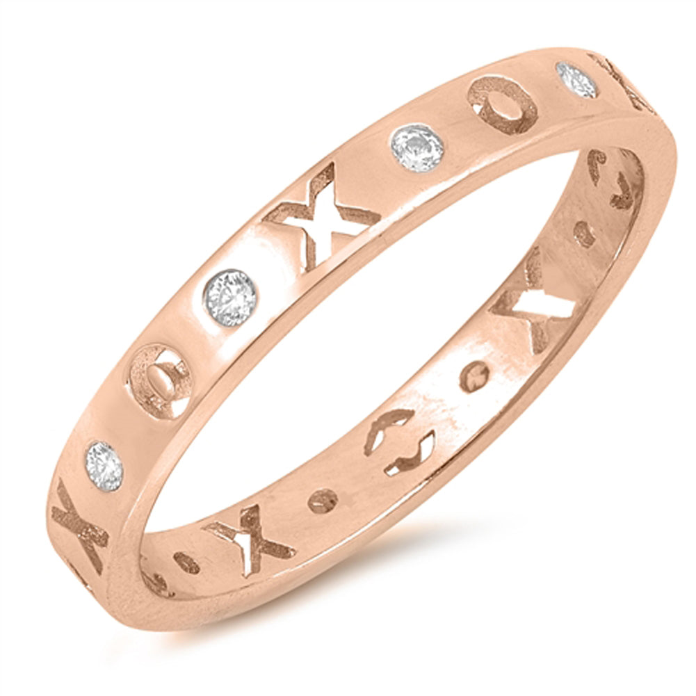 Clear CZ Cutout X O Anniversary Rose Gold-Tone Sterling Silver Ring Sizes 4-10