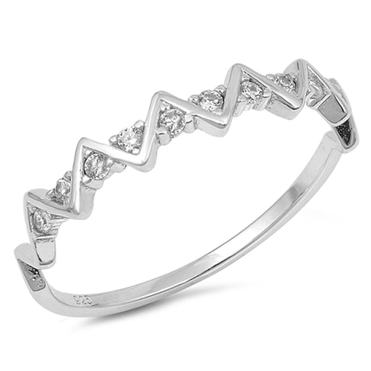White CZ Criss Cross Pointed Zig Zag Ring .925 Sterling Silver Band Sizes 4-10