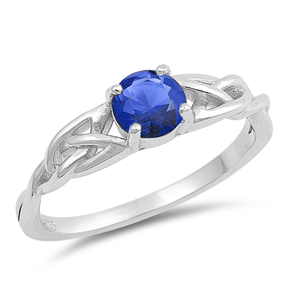 Blue Sapphire CZ Solitaire Celtic Knot Ring .925 Sterling Silver Band Sizes 4-10
