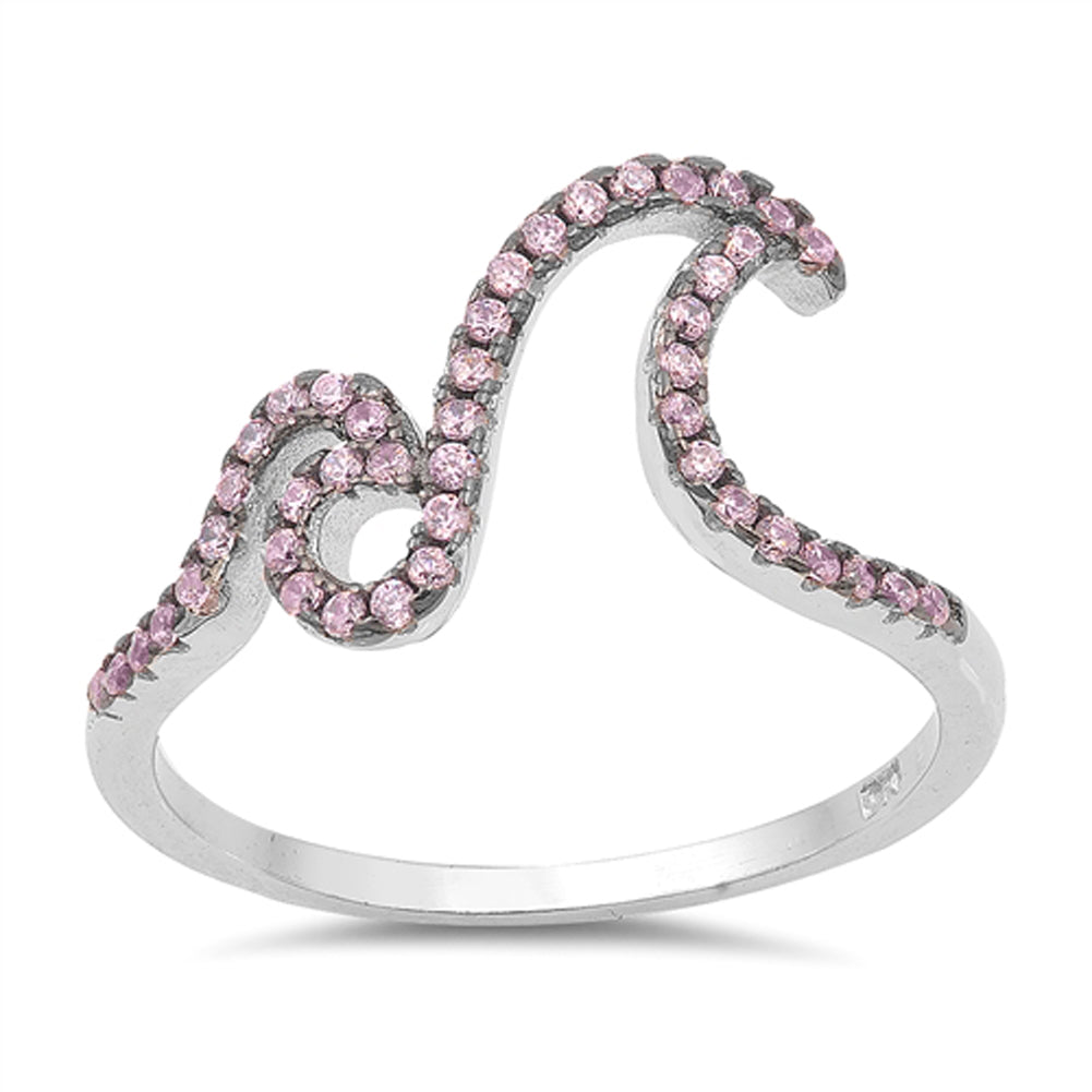 Pink CZ Double Wave Tide Promise Ring New .925 Sterling Silver Band Sizes 4-10