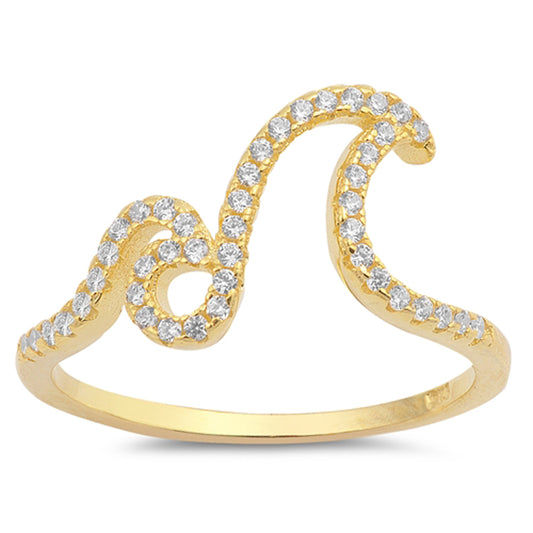 White CZ Yellow Gold-Tone Ocean Wave Ring .925 Sterling Silver Band Sizes 4-10